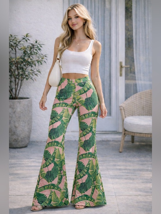 Judith March Pants - Judith March Palm Flare Pants Pink Green Tropical High Waist Bell Bottom Size S